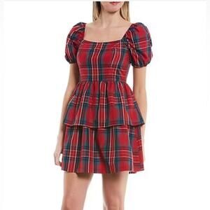 Copper Key Plaid Print Short Sleeve Tiered Babydoll Dress Size S